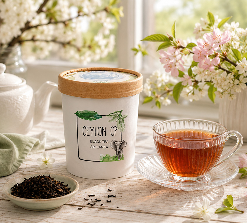 Ceylon OP Leo Tea – elegancka puszka, doypack i kubek prezentowy